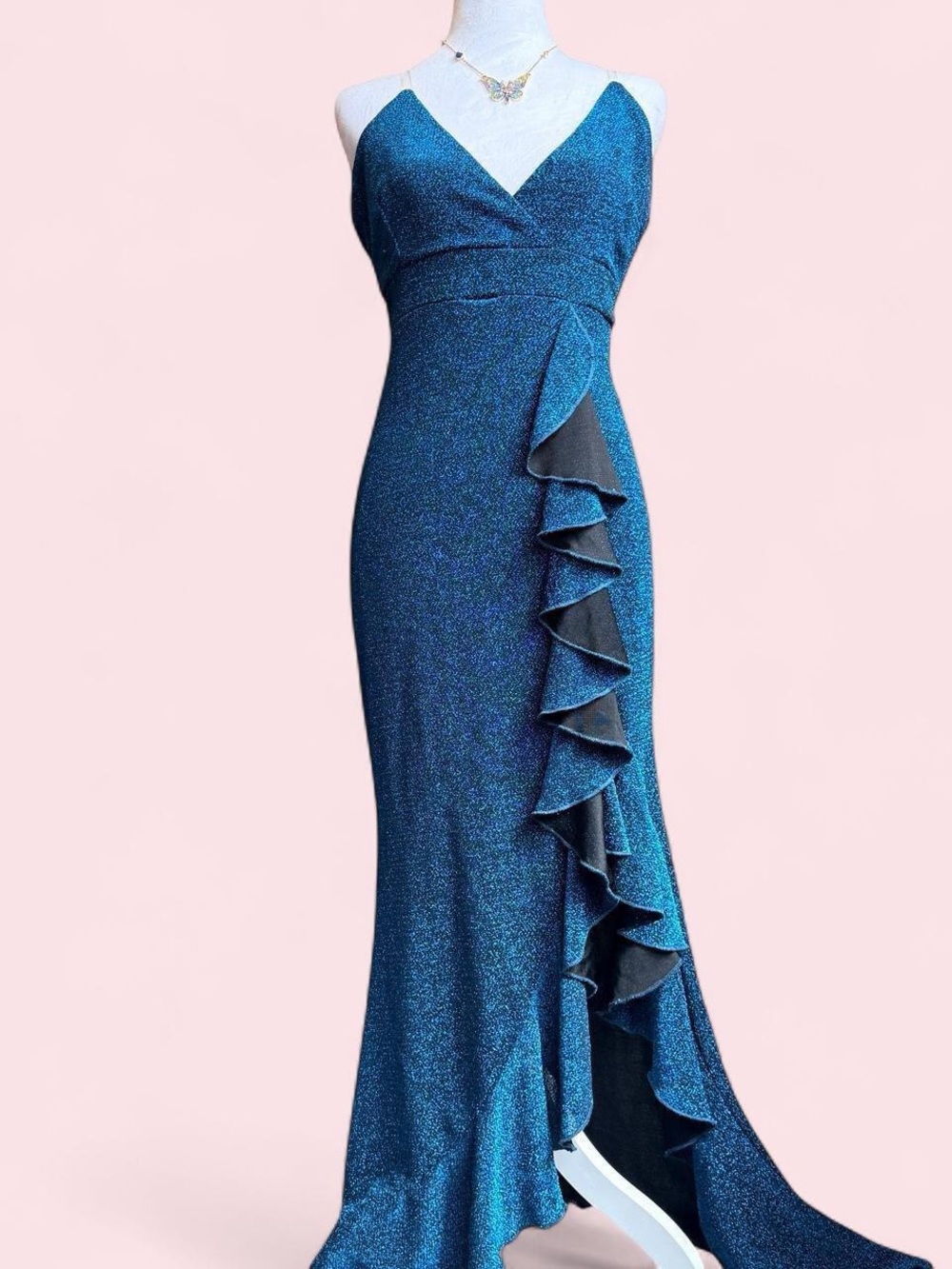 VIWENNI Shimmer Blue Ruffle Formal Maxi Mermaid Gown- Large